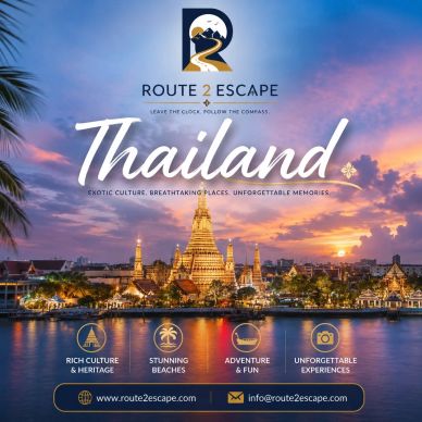 Travel advertisement for Thailand highlighting culture and beaches.