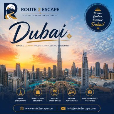 Dubai cityscape at sunset highlighting luxury and adventure.