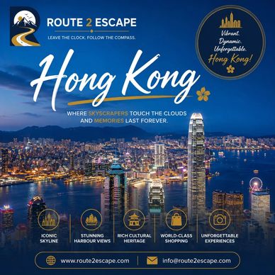 Night view of Hong Kong skyline with promotional text for Route 2 Escape.