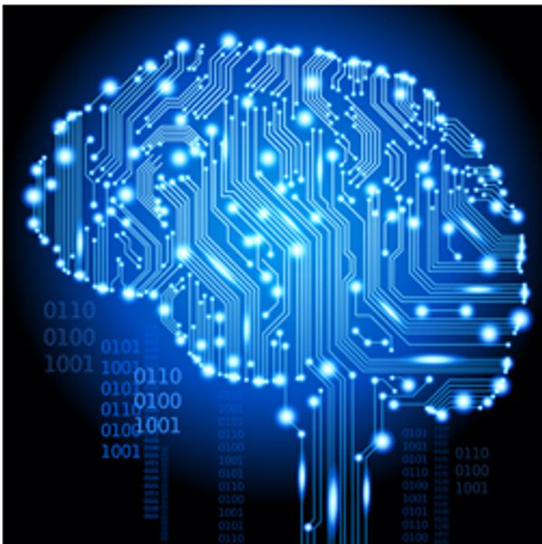 Digital brain illustration with glowing circuits and binary code.