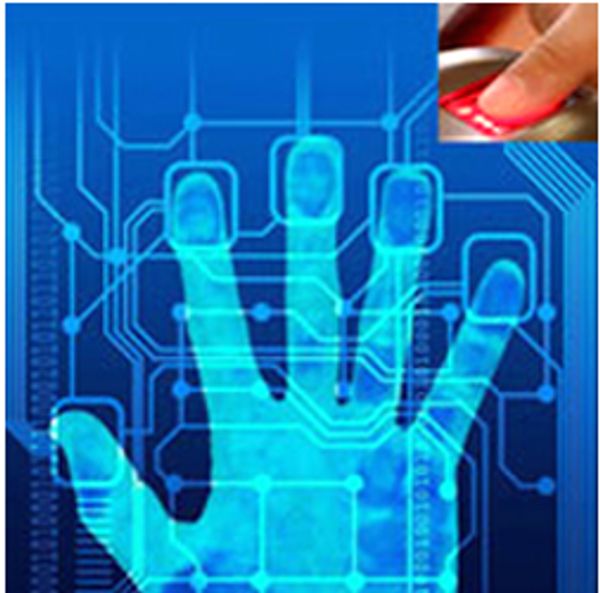 Digital hand scan for biometric authentication with finger pressing a scanner.