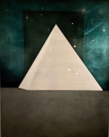 A white pyramid against a cosmic background.