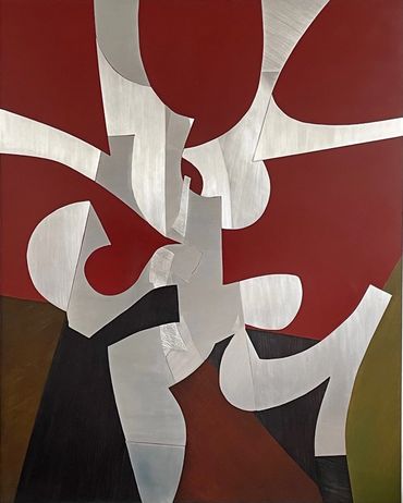 Abstract composition with red, white, black, and brown shapes.