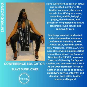 Portrait of Slave Sunflower, a dedicated Leather community educator and leader.