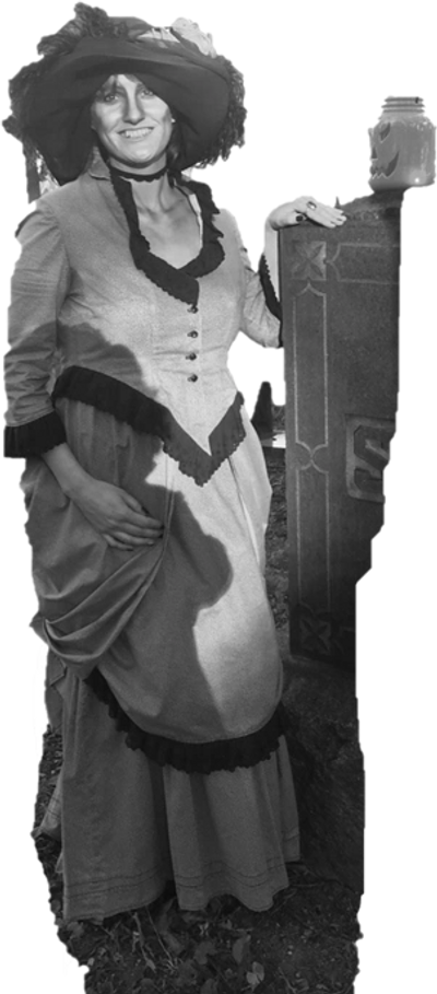 An OCCHS Volunteer, dressed in period costume for Haunted Histories at Fairview Cemetery.