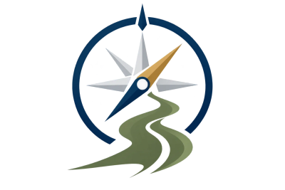 A compass with a winding road leading forward.