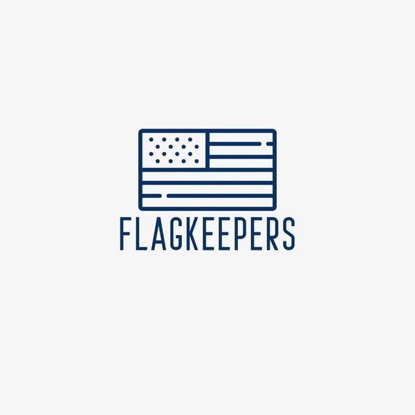Minimalist logo with a stylized American flag and the word FLAGKEEPERS. Flag Keepers logo in blue