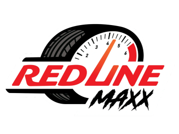 Logo with tire and speedometer, featuring 'REDLINE MAXX' text.