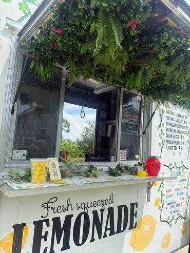 Lemonade stand with fresh greenery and bright decor.