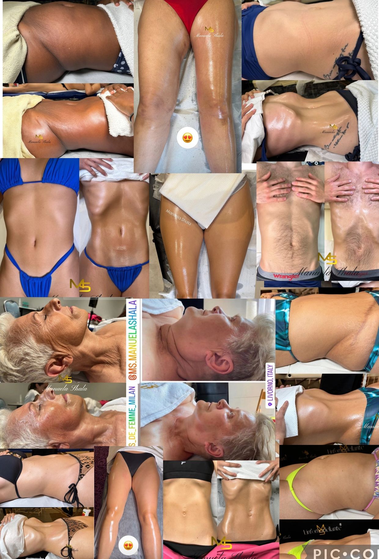 Before and after body and facial treatments collage.