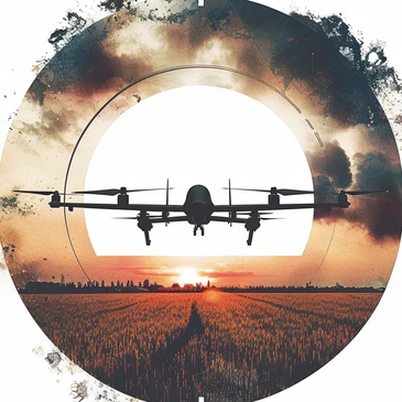 Drone flying over an agricultural field at sunset, framed by a circular design. Symbolizes innovativ