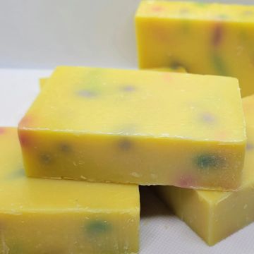 Carnival Confetti Soap. Yellow handmade soap bars with colored soap chunks inside. 