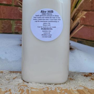 White, Rice Milk Hair Mask in a tall pet bottle with lid. 