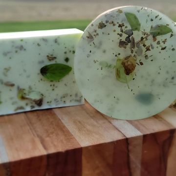 Lemon Basil Sage. Green colored soap bars and rounds. 