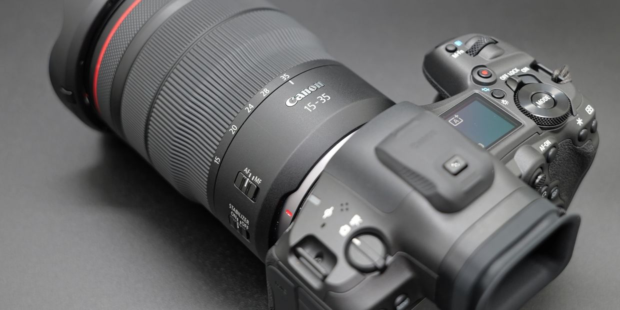 Close-up of Canon 15-35 camera lens and controls.
