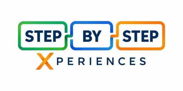 Logotipo colorido de 'Step by Step Xperiences'.