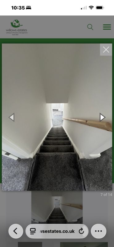 Carpeted indoor staircase with white walls and wooden handrail.
