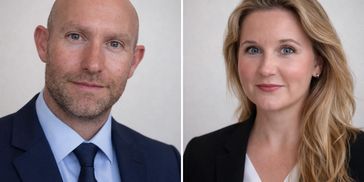 Professional headshots of a man and woman in business attire against a neutral background.