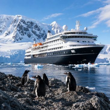 Un crucero en aguas polares con pingüinos en primer plano.