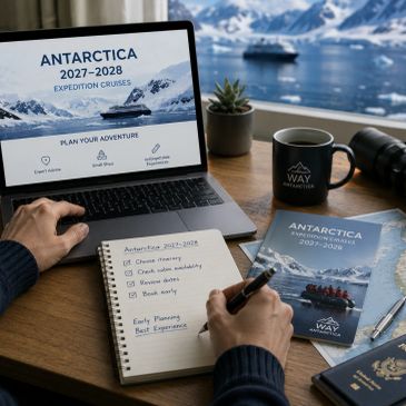 Persona planificando un viaje a la Antártida en una laptop y cuaderno.
