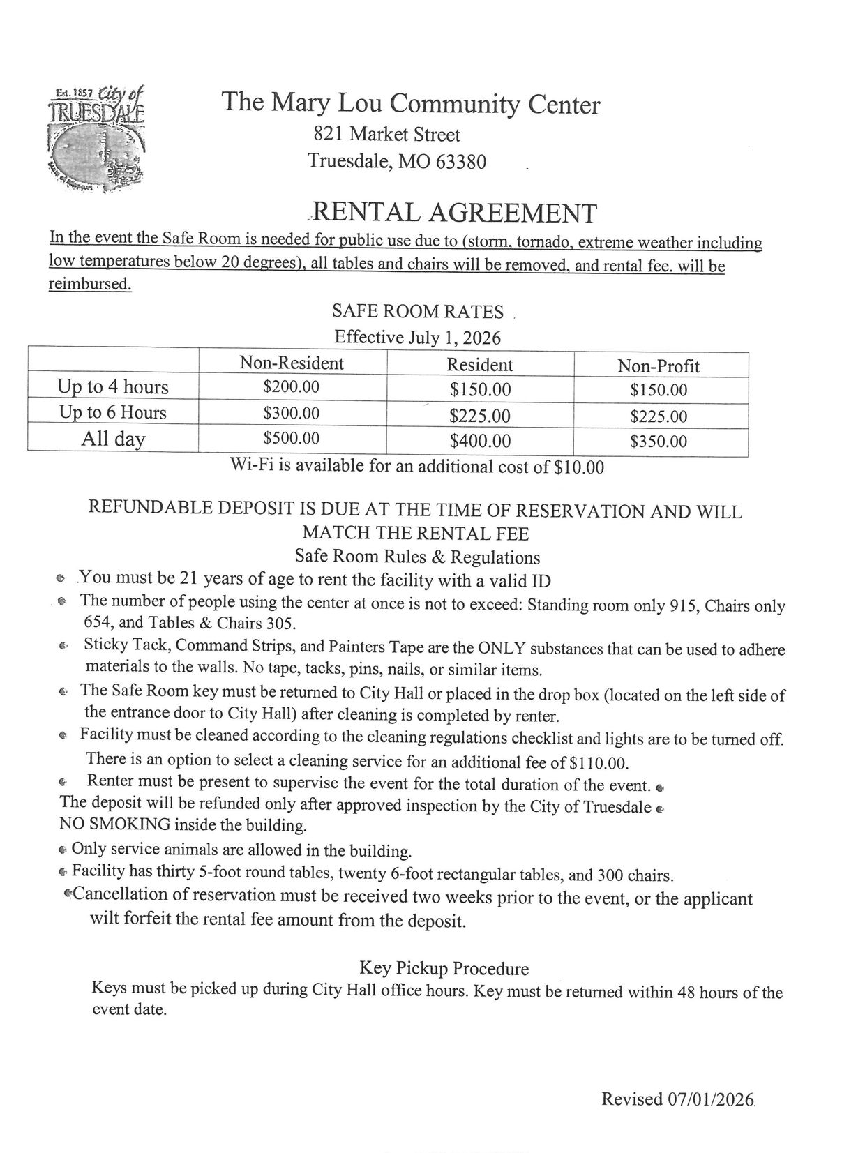 Rental agreement for Mary Lou Community Center safe room usage and rules.