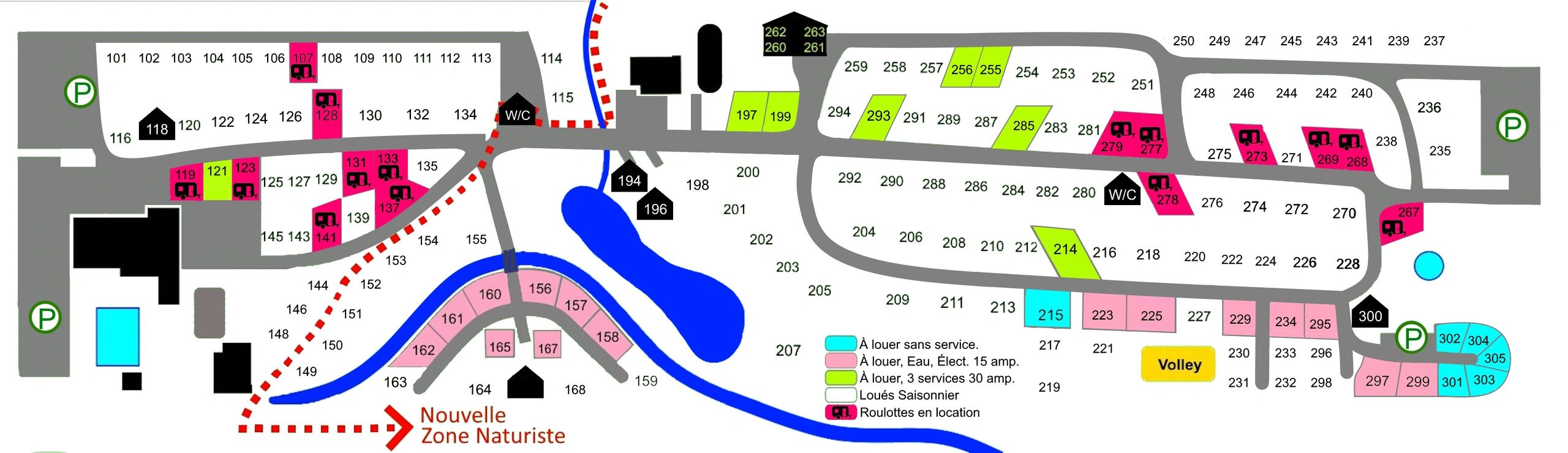 Carte des terrains, roulottes et chalets en location au Camping la Halte 266