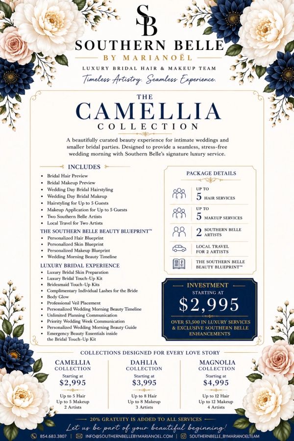 Southern Belle by Marianoël's Camellia Collection offers luxury bridal hair and makeup services for intimate weddings.