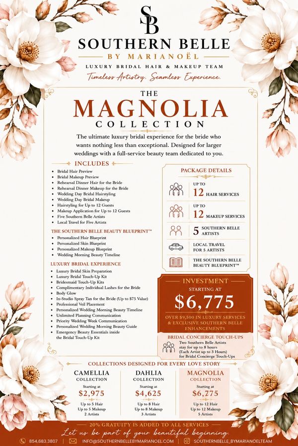 Southern Belle Magnolia bridal beauty package with luxury hair and makeup services.