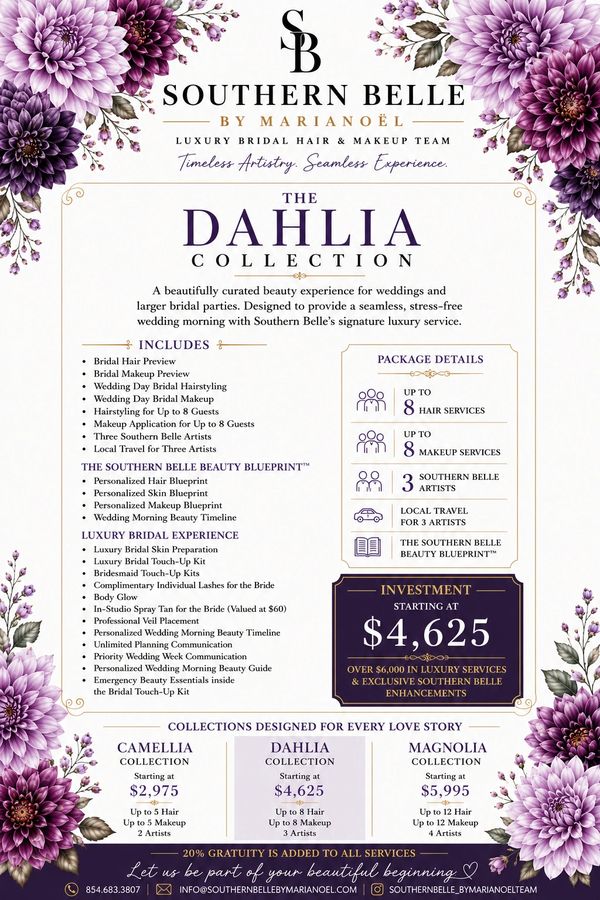 Elegant bridal beauty service flyer with purple dahlia floral design.