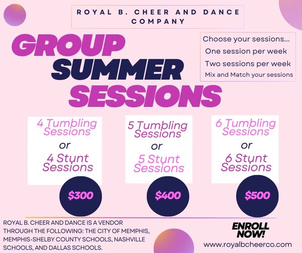 Flyer for Royal B. Cheer and Dance summer group sessions with tumbling and stunt options.