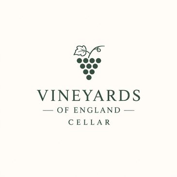 Elegant logo featuring grapes and text 'Vineyards of England Cellar'.