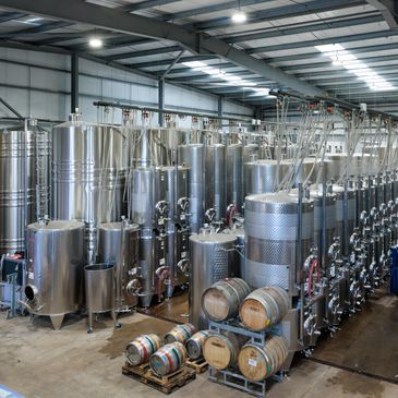 Rows of shiny stainless steel fermentation tanks in a modern winery.