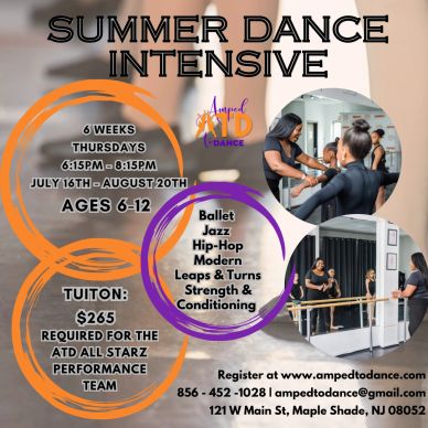 Summer Dance Intensive for kids aged 6-12 with various dance styles and conditioning.