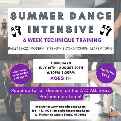 Flyer for a 6-week summer dance intensive training for ages 11+, covering ballet, jazz, and modern styles.