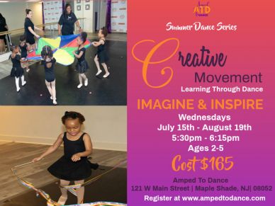 Young children engaged in creative dance activities, holding a colorful parachute and using ribbons.