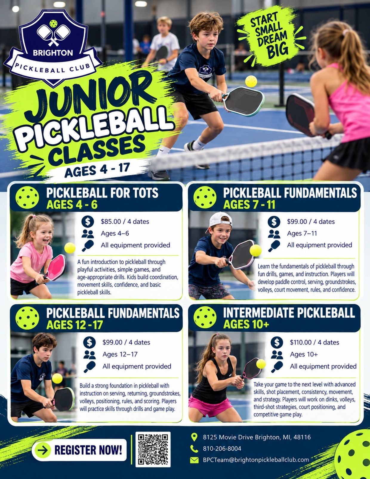 Junior pickleball classes for ages 4-17 at Brighton Pickleball Club.