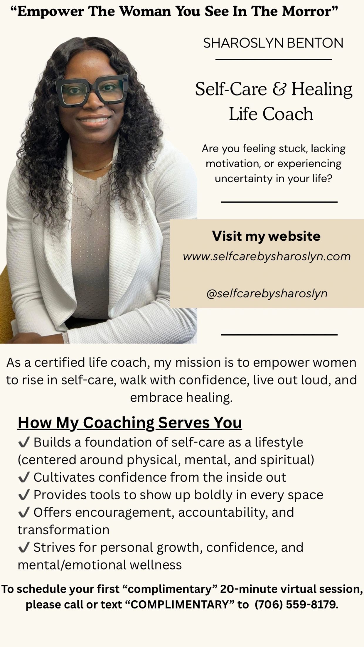 Sharoslyn Benton, life coach and motivator, empowers women through self-care and healing.