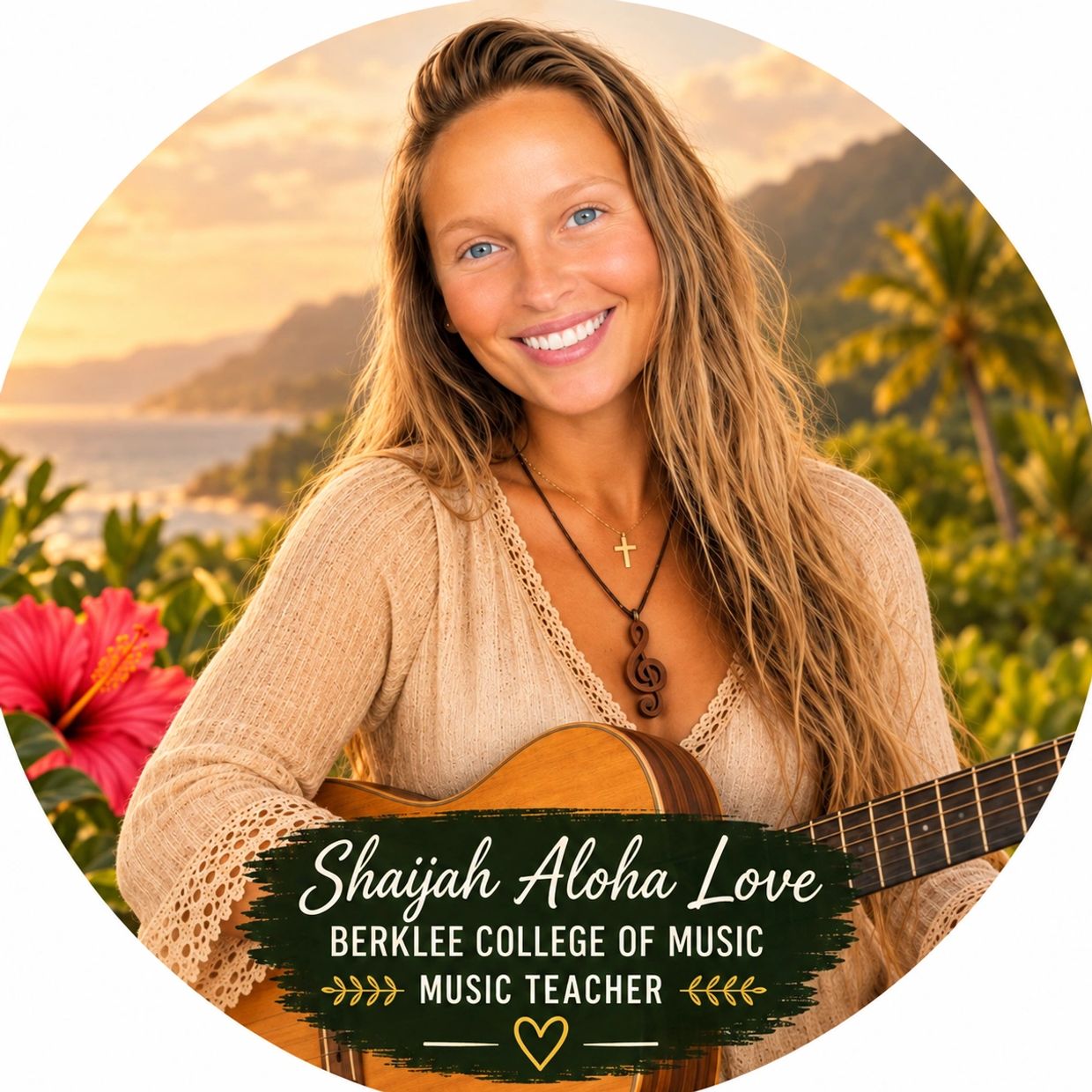 Smiling woman with guitar in tropical setting.