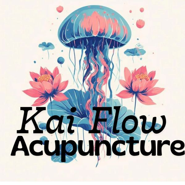 Artistic jellyfish and lotus flowers with 'Kai Flow Acupuncture' text.