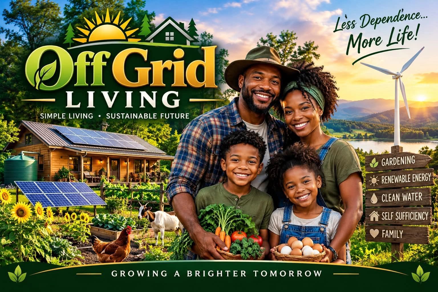 Happy family embracing sustainable off-grid living with fresh produce and renewable energy.
