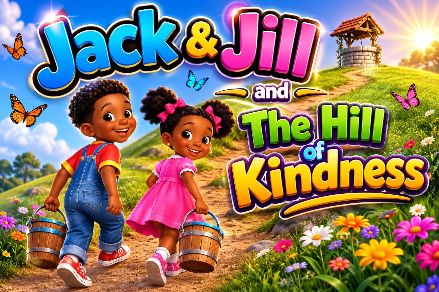 Jack and Jill cartoon walking uphill with buckets.