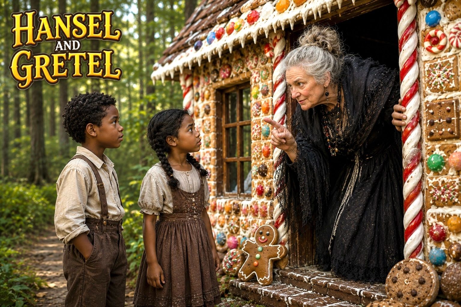 Hansel and Gretel meet a witch at a gingerbread house.