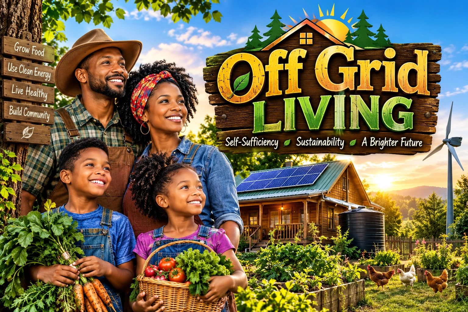 Happy family living off grid with homegrown vegetables.