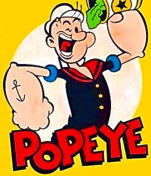 Cartoon character Popeye flexing muscles with spinach and text.