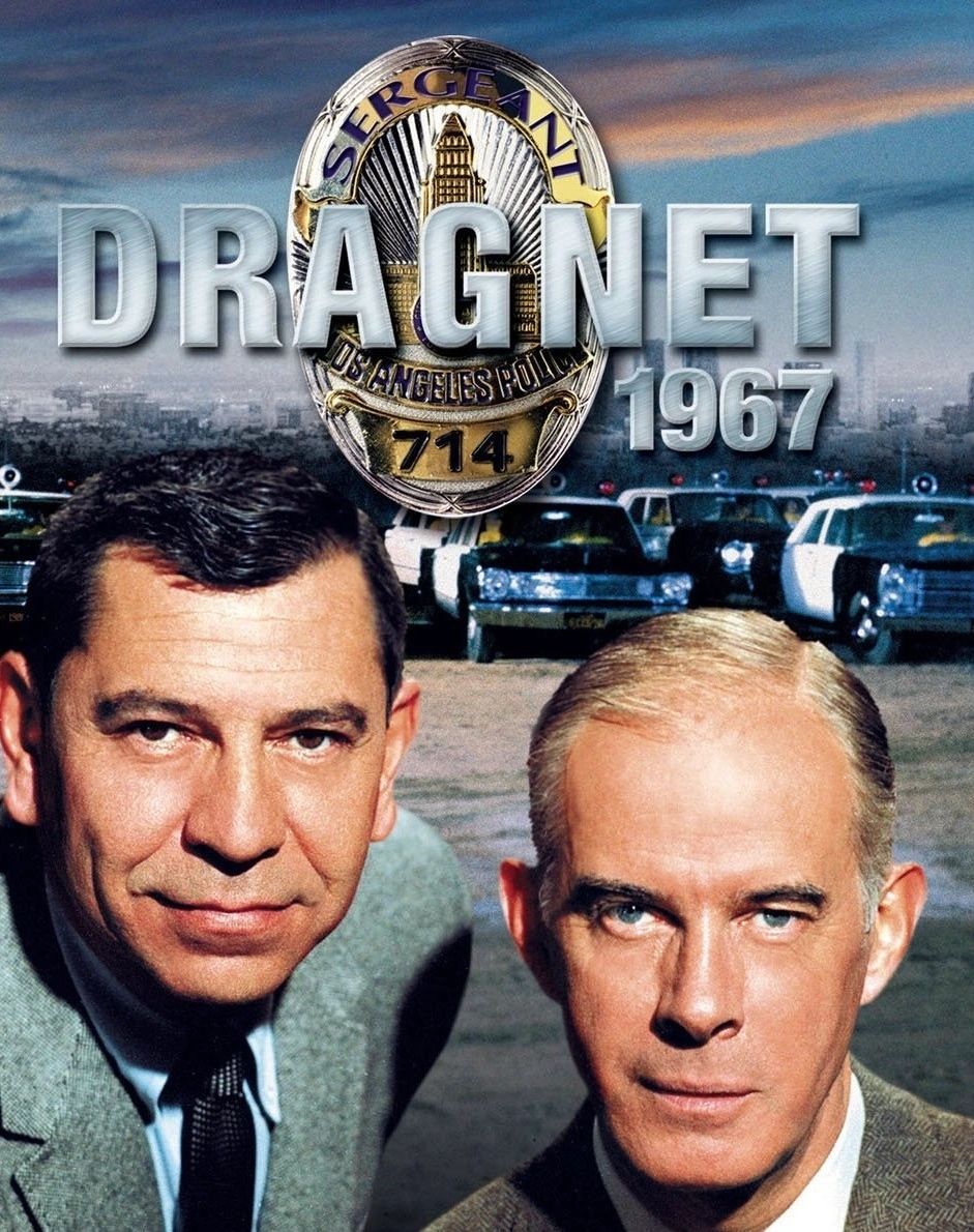 Promotional poster for Dragnet 1967 featuring two men and a police badge.