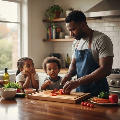 Father chopping vegetables while kids watch in kitchen.