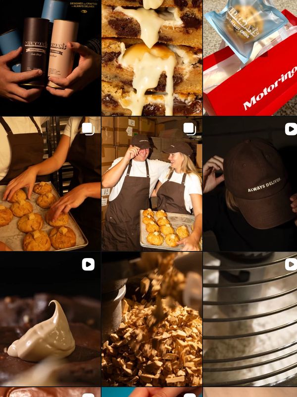 Baked goods and ingredients showcased with friendly staff wearing aprons and caps.