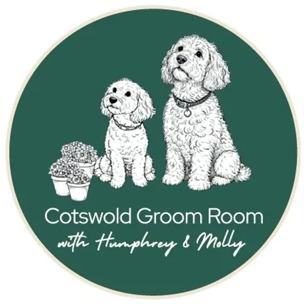 Logo of Cotswold Groom Room with two dogs and flowers.