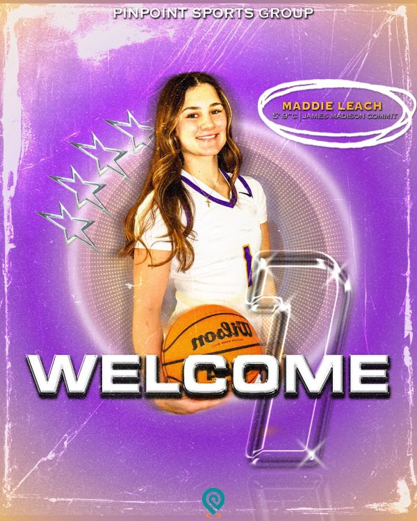 Maddie Leach basketball welcome poster with purple background.