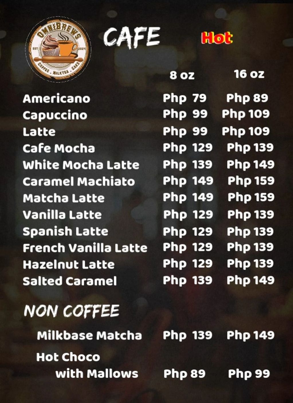 A menu of different types of coffee drinks.